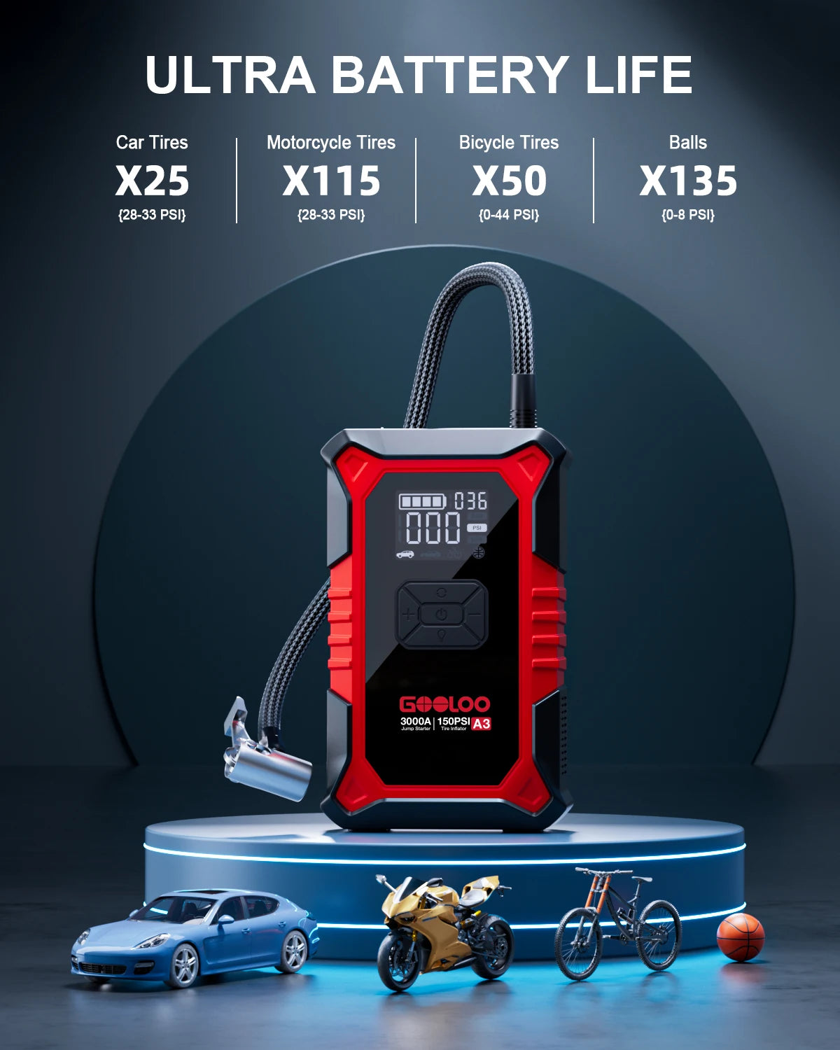 GOOLOO A3 Jump Starter With Portable Air Compressor 3000A
