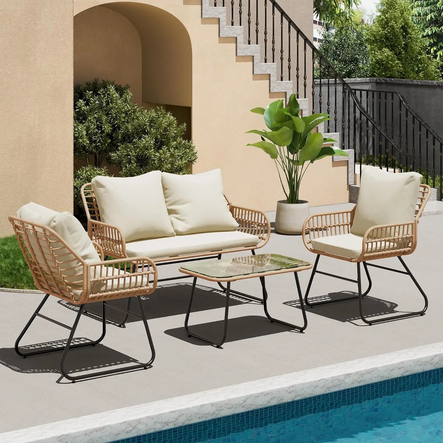 Outdoor 4-Piece Rattan Patio Set Cushions Tempered Glass Table