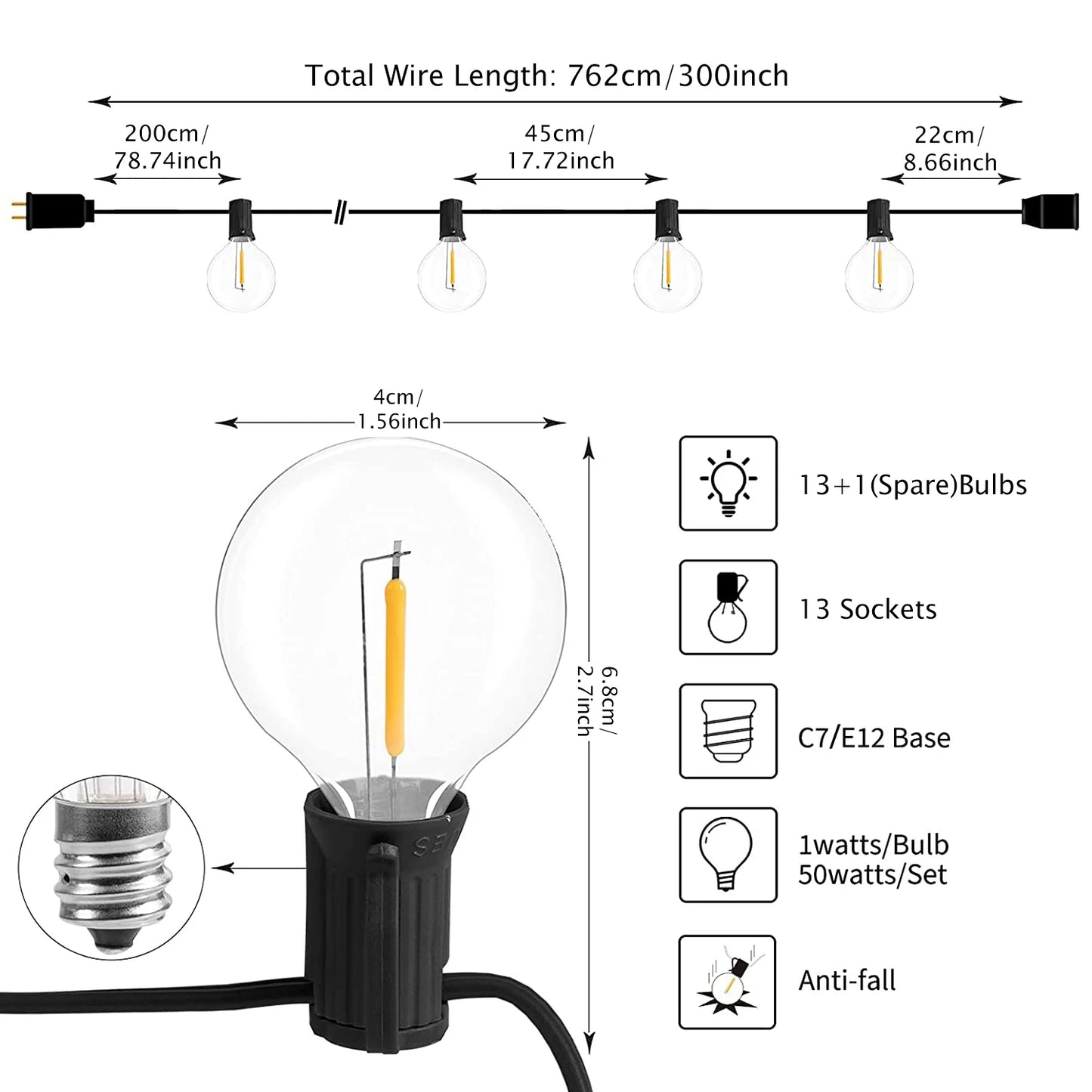 Aiopp LED G40 Globe String Lights With US Plug IP65