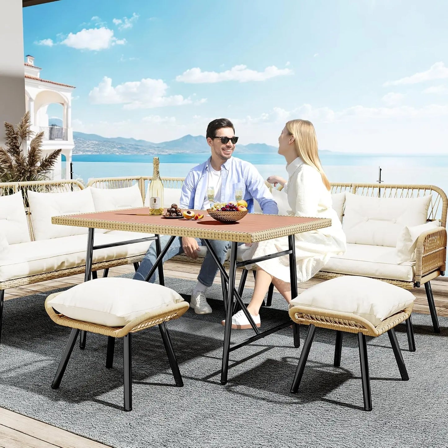 Patio Wicker L Shaped Outdoor Furniture Set With Cushions